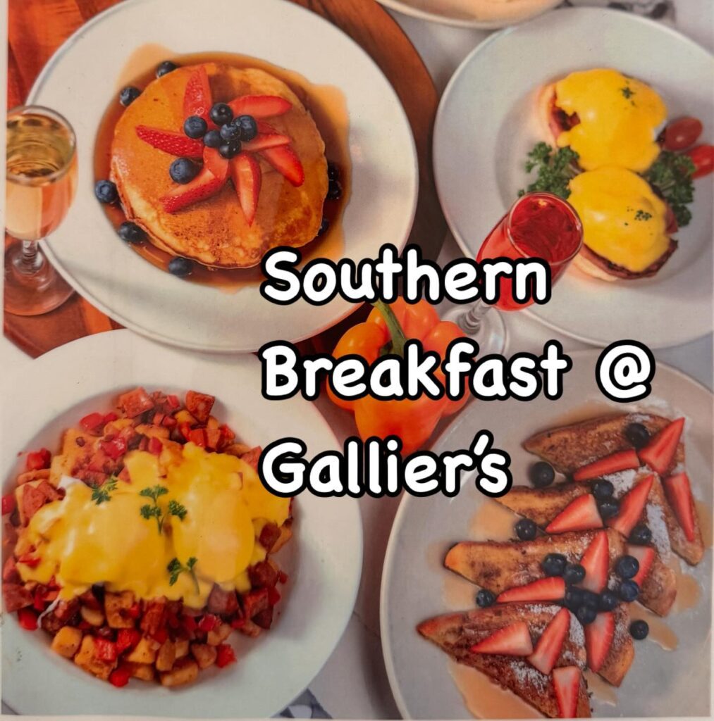 Southern breakfast dishes at Gallier’s in New Orleans featuring pancakes, eggs Benedict, hash, and French toast with fresh berries