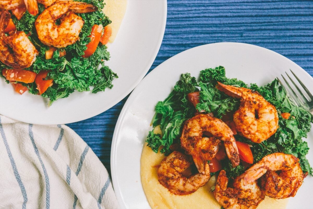 a top down view of a colourful healthy meal of pr 2024 10 11 13 14 07 utc - Andouille Sausage, Cajun Brunch, Louisiana Cuisine, New Orleans Food, Shrimp and Grits, Southern Breakfast