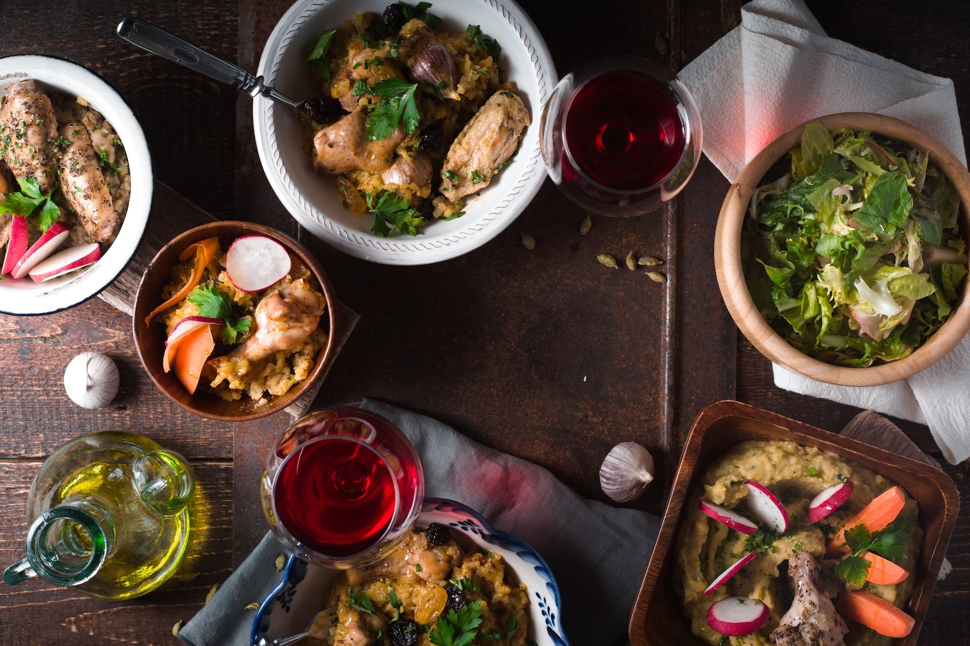 Creole Jambalaya vs. Cajun Jambalaya: What’s the Difference? 3 pilaf salad and drink on festive table 2024 09 30 02 35 12 utc - Creole Cuisine & Culture