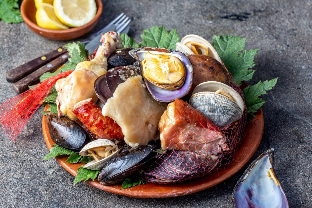 Assorted Gulf seafood platter with mussels, clams, and fish