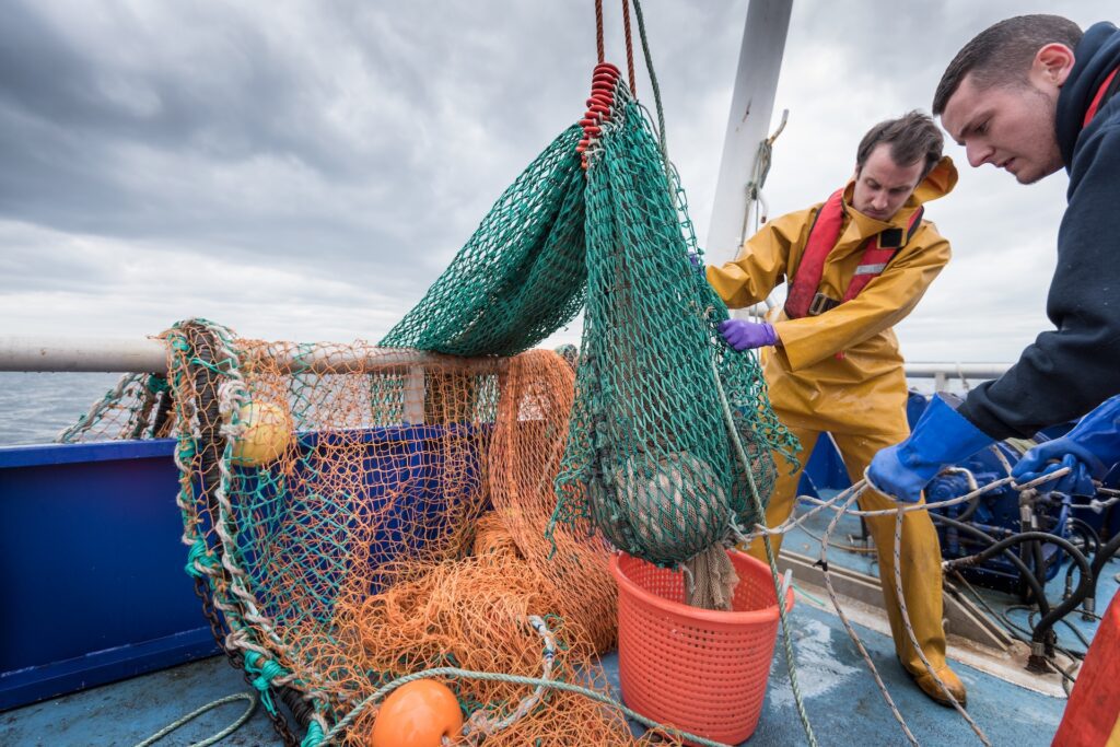 Fishermen working with nets on a Gulf fishing boat