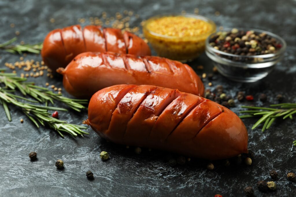 Chicken and Andouille Sausage: A Cajun Power Combo 1 Grilled sausages with mustard, pepper, and rosemary on dark slate background