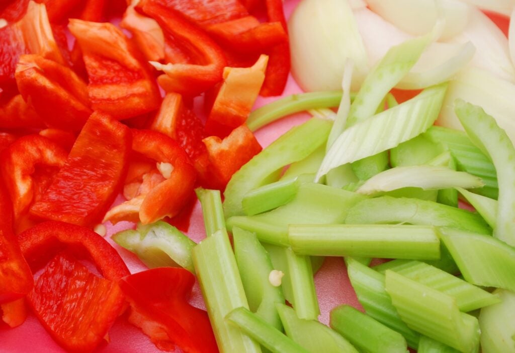 Chopped red bell pepper, celery, and onion — the foundation of Creole flavor.