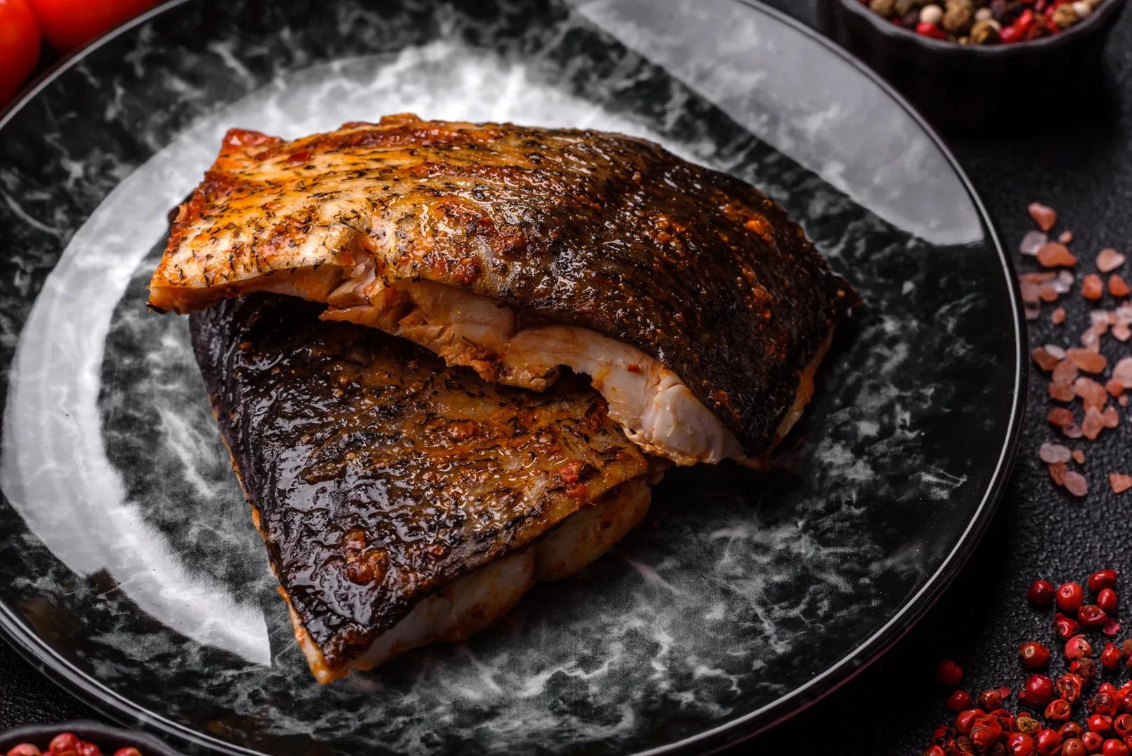Blackened redfish searing in a cast iron skillet with butter and Cajun spices